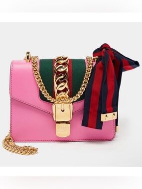 GUCCI Mini Sylvie Pink Calfskin Leather Bag w/ Sherry Web Strap & Gold Hardware